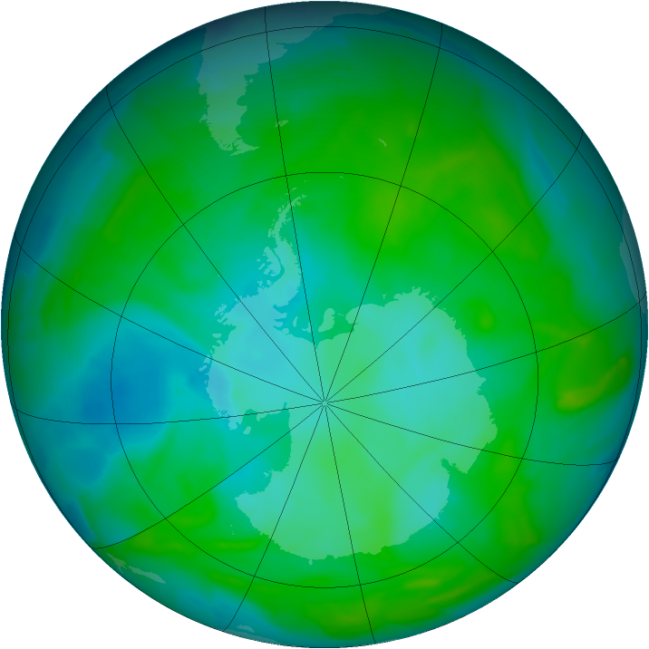 Antarctic ozone map for 04 January 2013